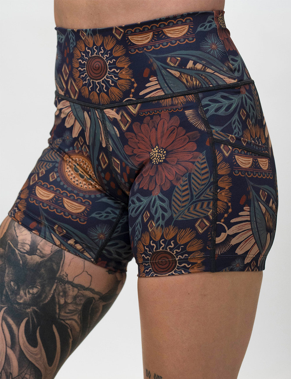 front of the 5 inch paisley flowers shorts against a white background