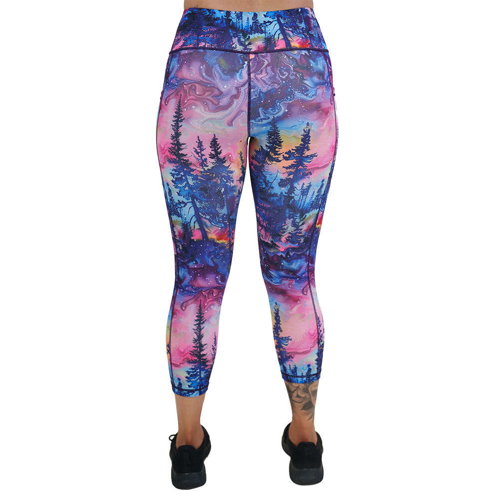 back of the watercolor forest print leggings