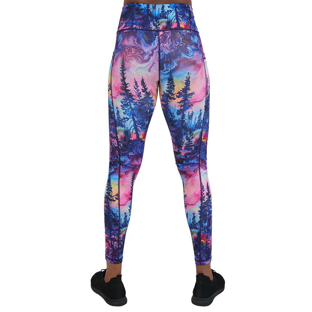 back of the watercolor forest print leggings