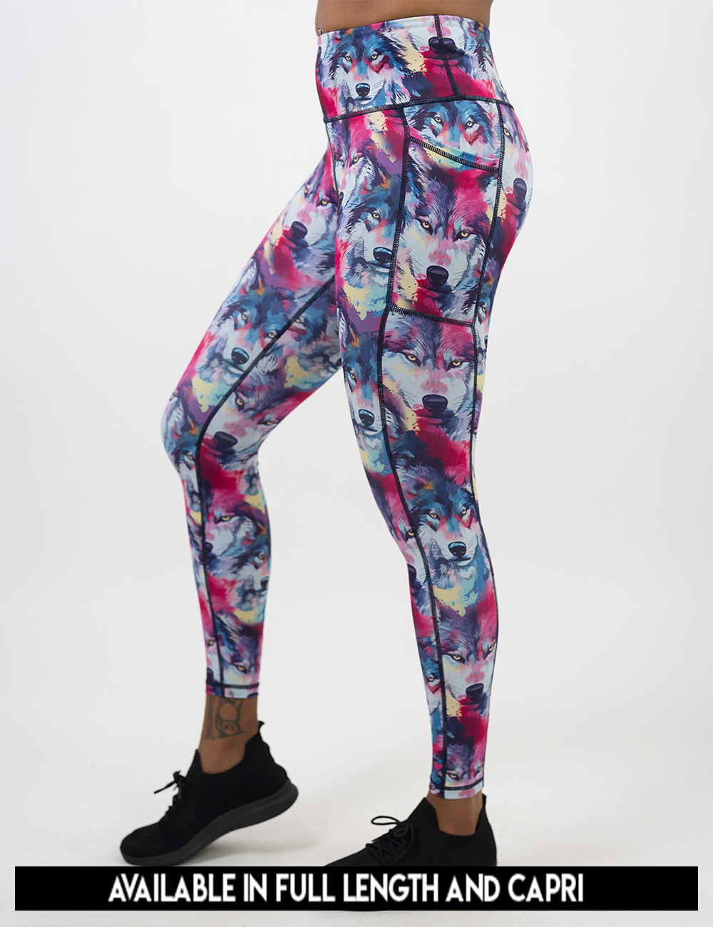 available lengths for the red, blue, white, and yellow water color style wolves leggings, lengths include full length and capri