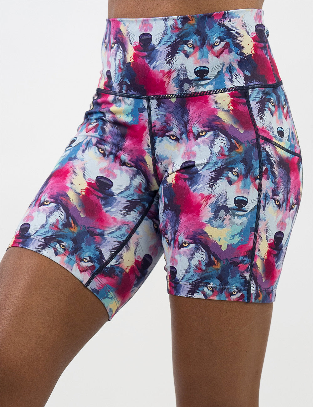 front of the 7 inch, red, white, blue and yellow shorts against a white background