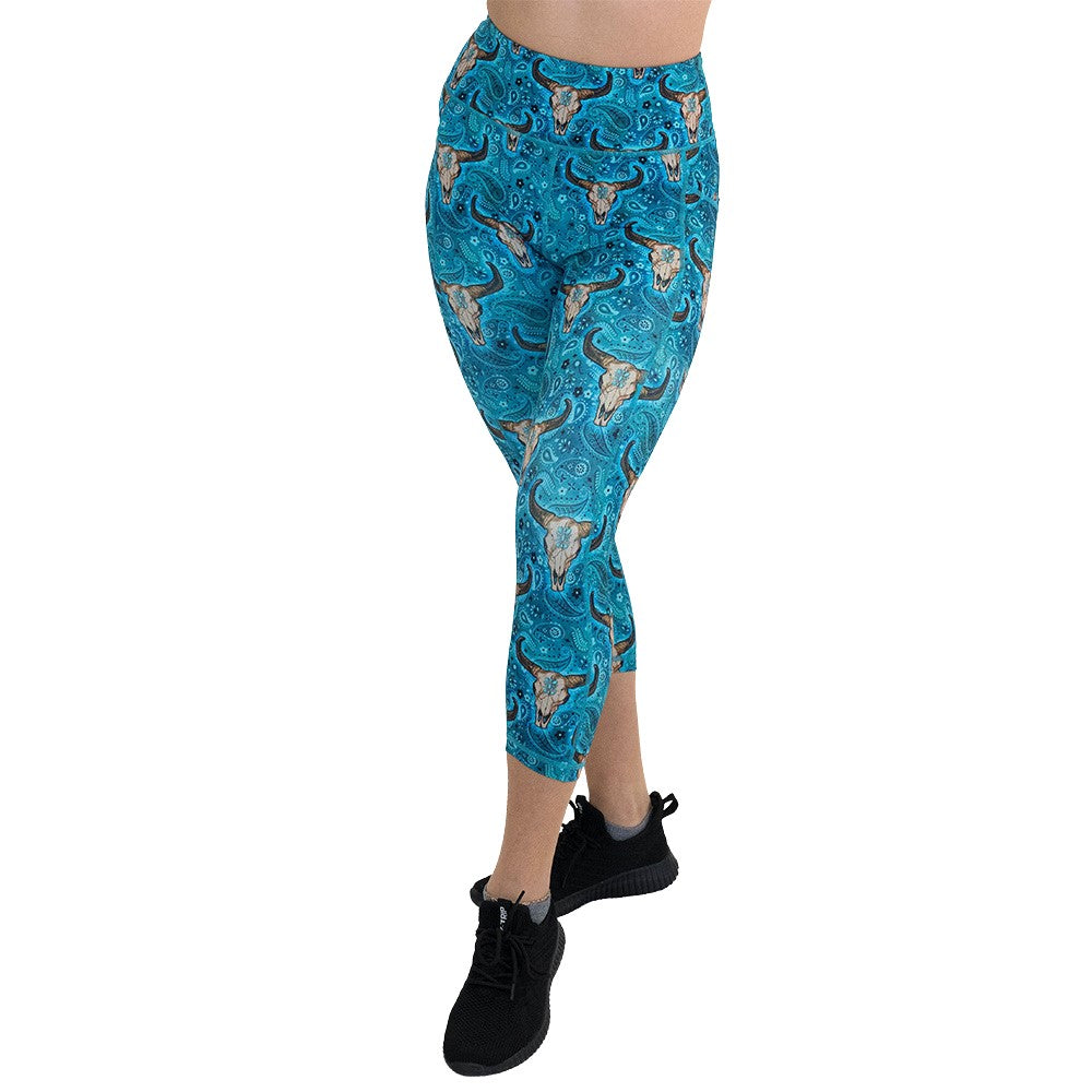 capri length teal cow skull print leggings