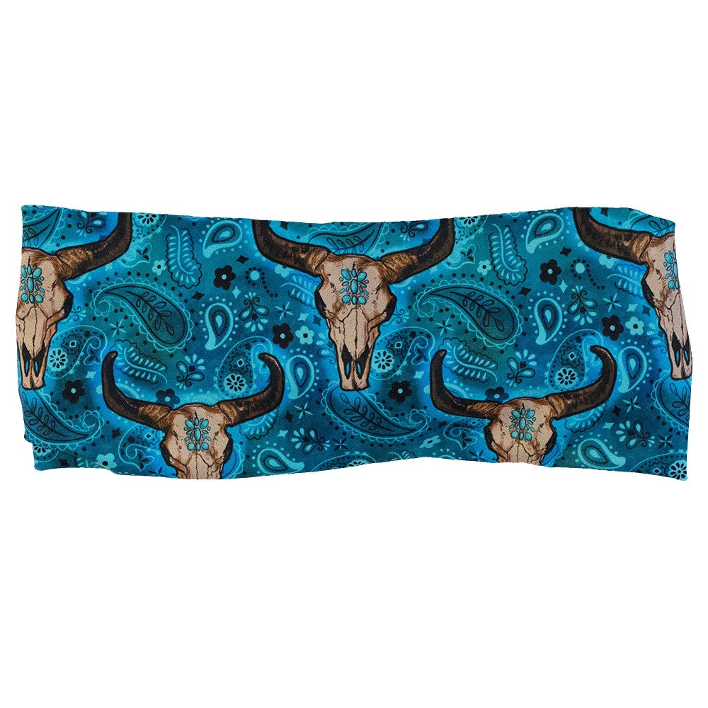 teal cow skull print headband