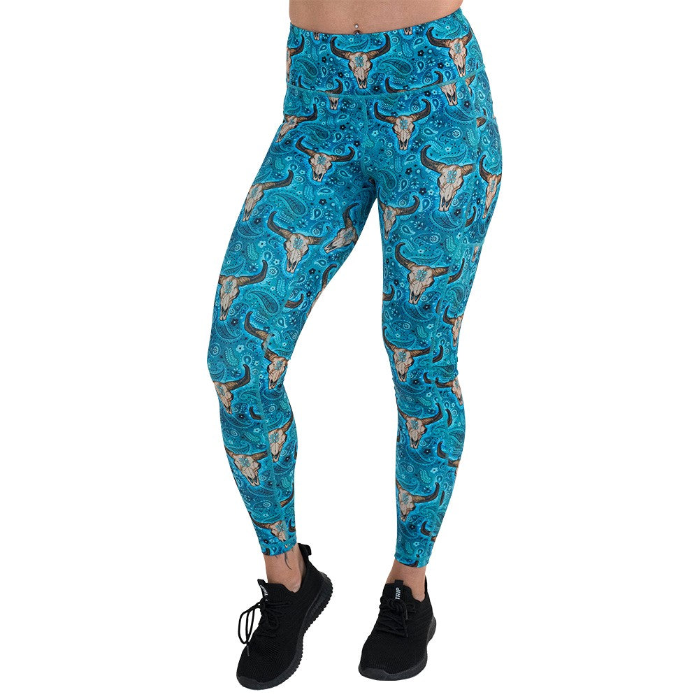 teal cow skull print leggings