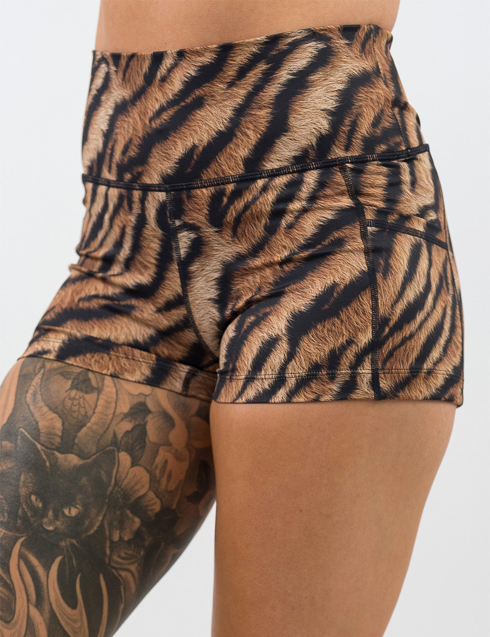 front of the 2.5 inch tiger print shorts against a white background