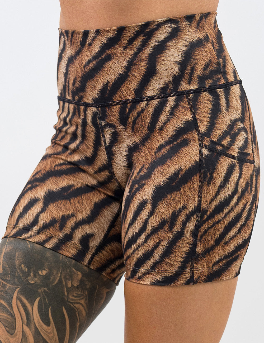front of the 5 inch tiger print shorts against a white background