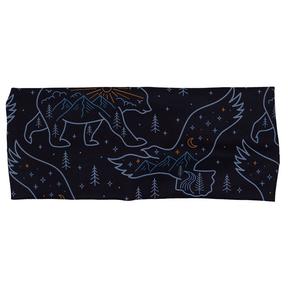 front of the bird and bear outlines against a dark background headband against a white background