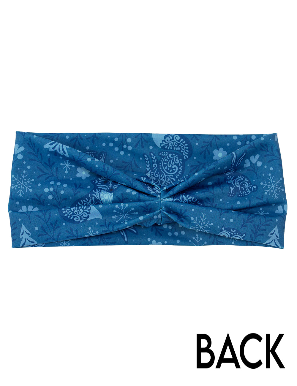 back of the blue foxes, owls, and bunnies in a winter landscape headband