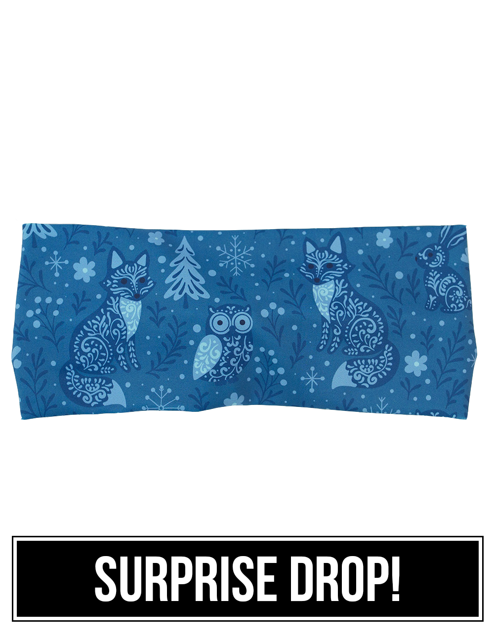 front of the blue foxes, owls, and bunnies in a winter landscape headband, surprise drop