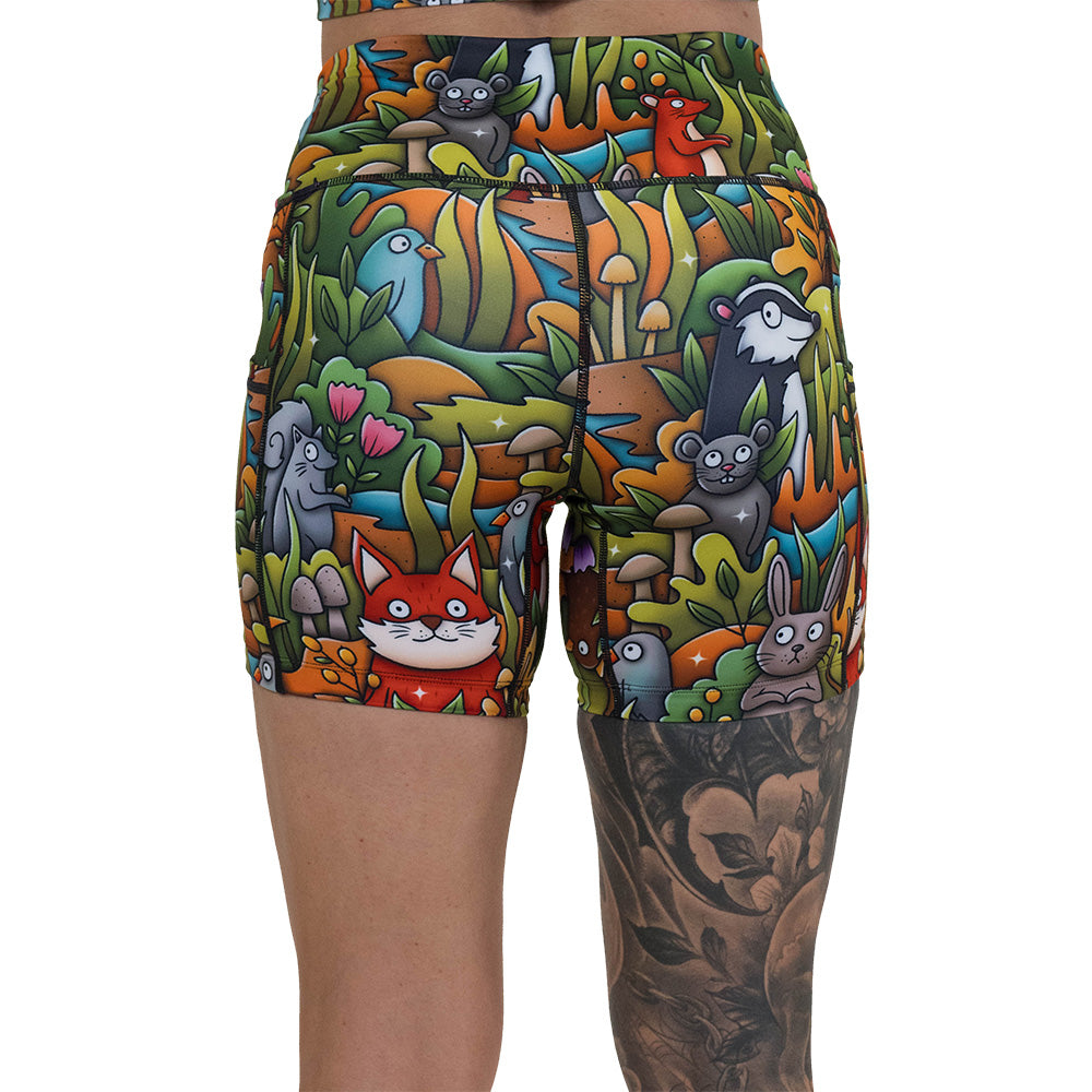 back of the 5 inch wild animal cartoon print shorts