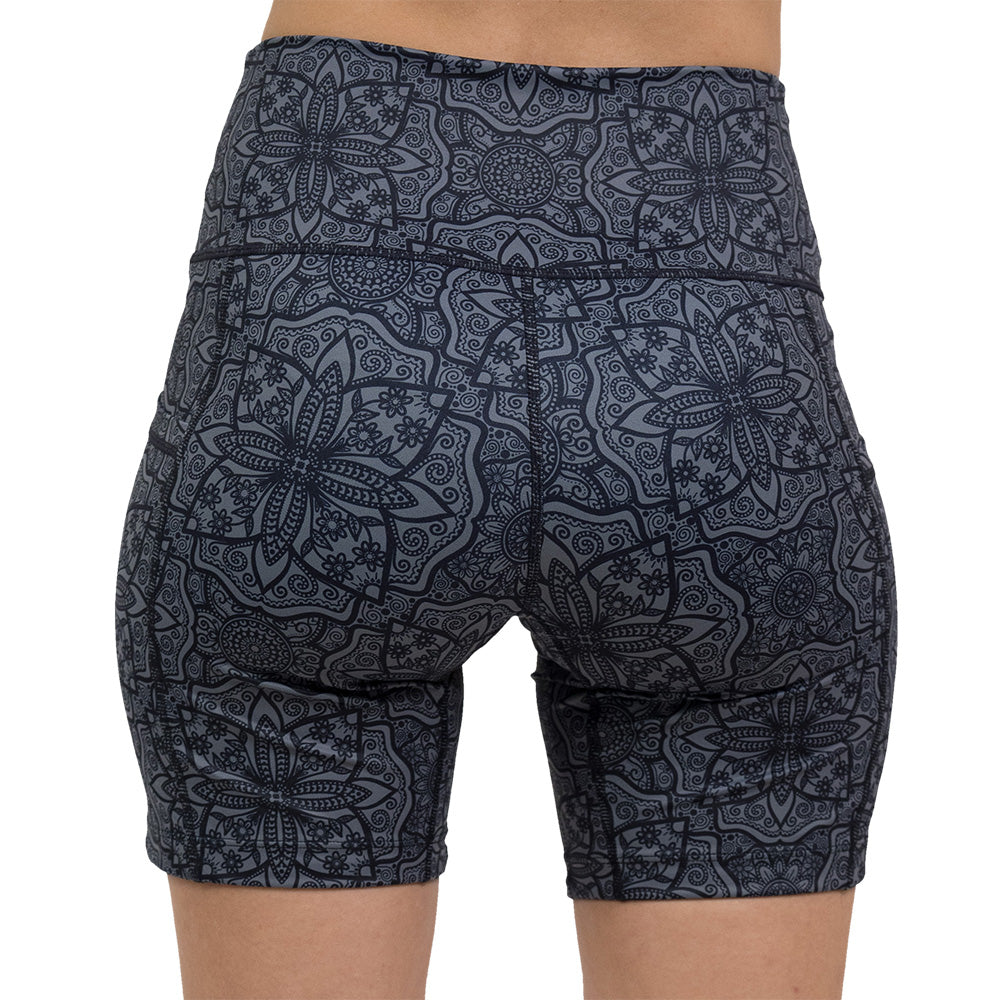 back of the black mandala pattern 7 inch shorts against a white background