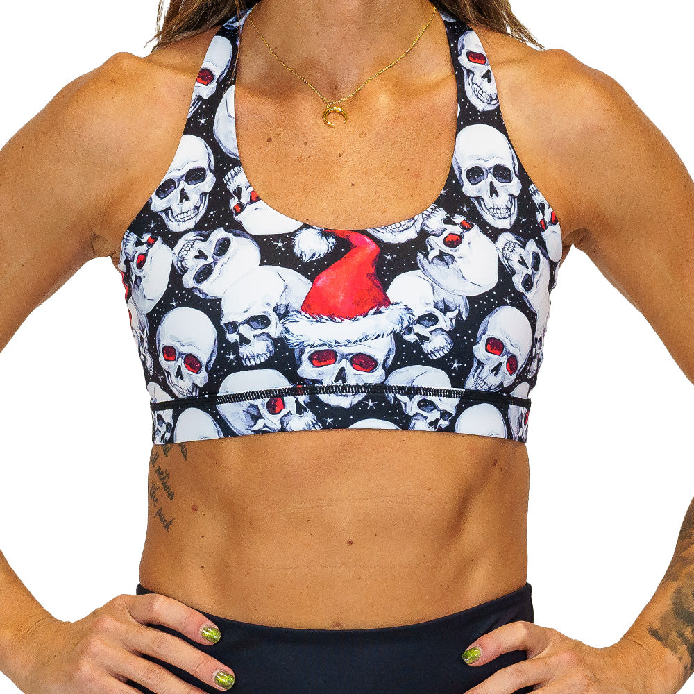 front view of santa hat and skull pattern bra