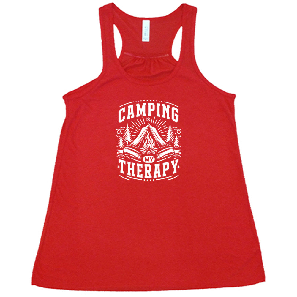 Red colored flowy tank with a campfire graphic on it that says "Camping Is My Therapy"