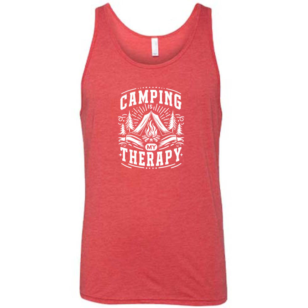 Red colored tank with a campfire graphic on it that says "Camping Is My Therapy"