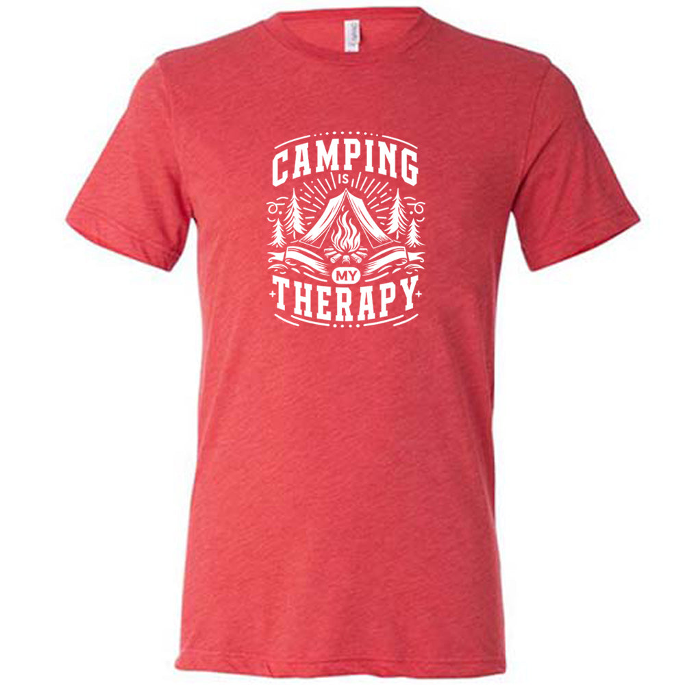 Red colored shirt with a campfire graphic on it that says "Camping Is My Therapy"