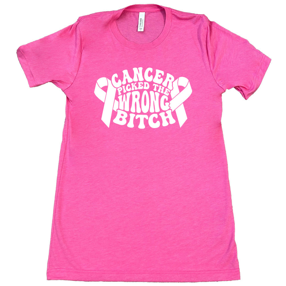 pink t-shirt with pink breast cancer ribbon and text "Cancer Picked The Wrong Bitch" on a white background