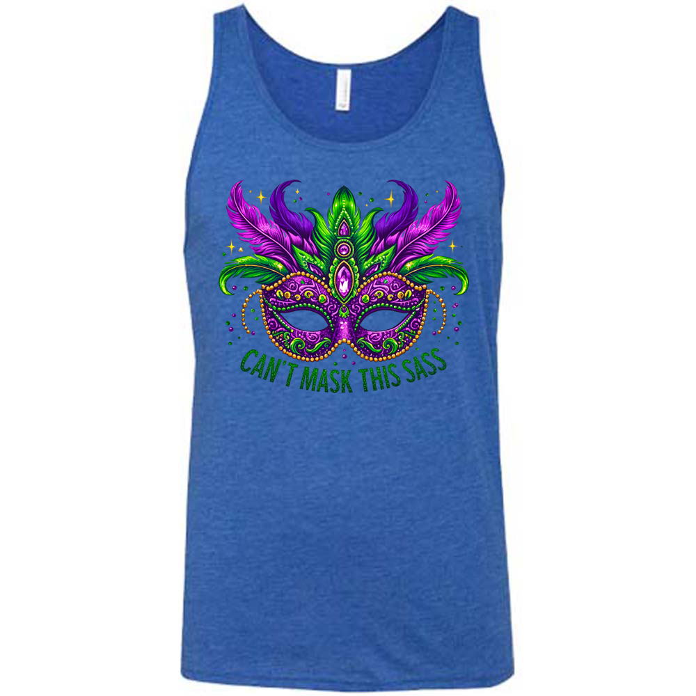 blue unisex tank with the graphic of a fancy, feathered and bejeweled, and colorful mardi gras mask, and words underneath saying "can't mask this sass"