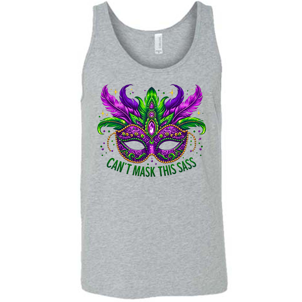 grey unisex tank with the graphic of a fancy, feathered and bejeweled, and colorful mardi gras mask, and words underneath saying "can't mask this sass"