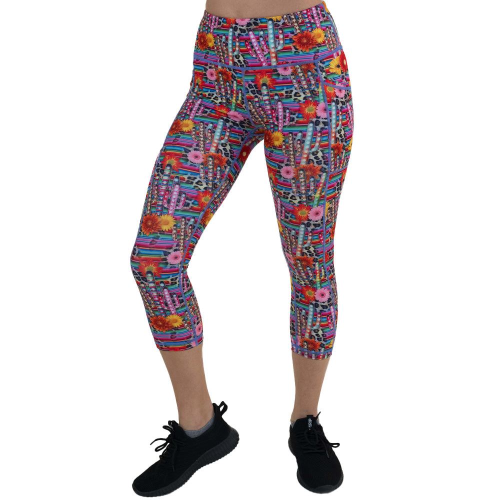 capri length colorful cactus and flower print leggings
