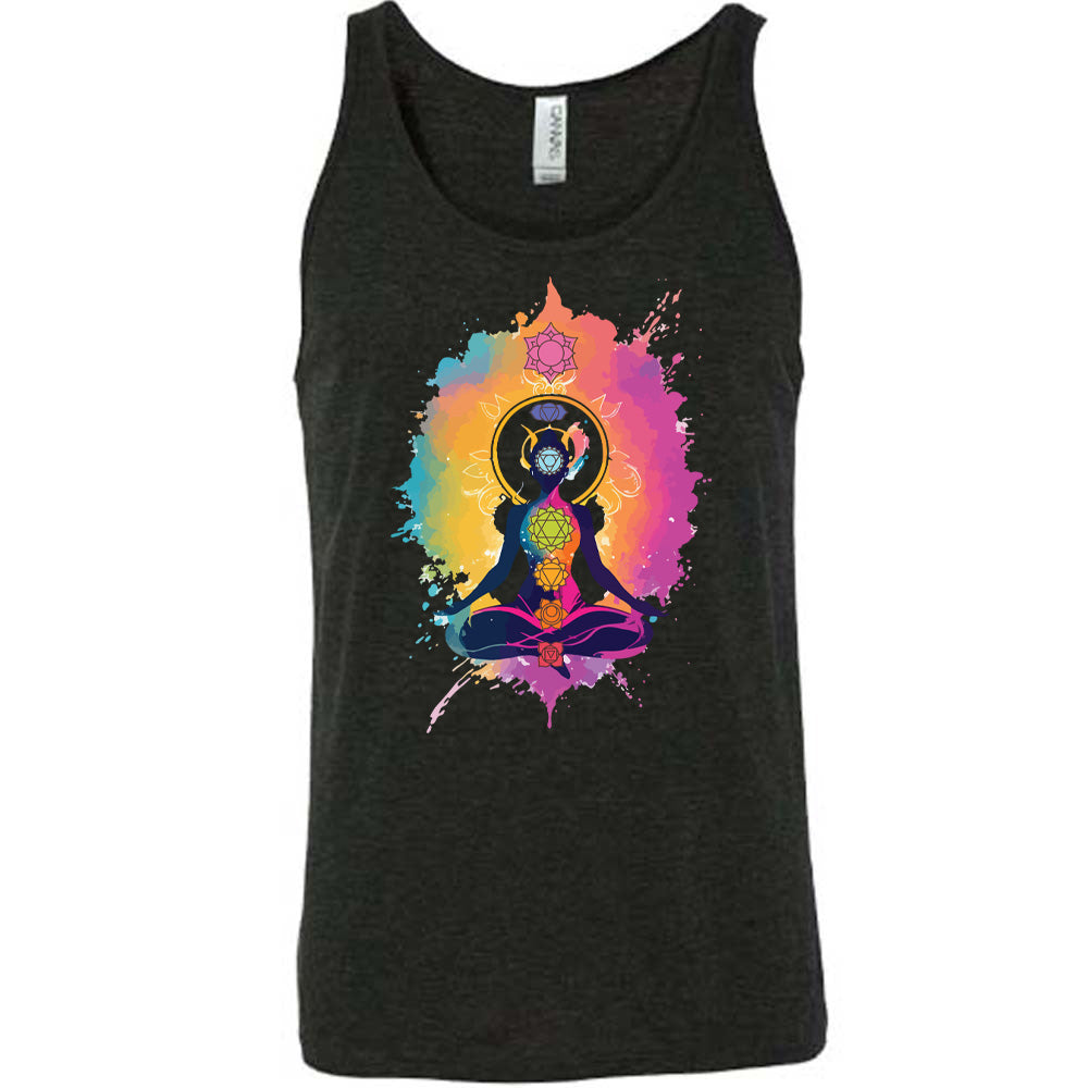 Black unisex tank with graphics of chakras and a person meditating