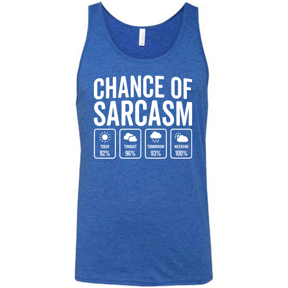 Blue Unisex Tank with Chance of Sarcasm in white lettering, with four weather predictions below