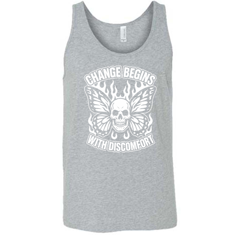 grey unisex tank with the words "change begins with discomfort" surrounding the graphic of a skull with flaming butterfly wings