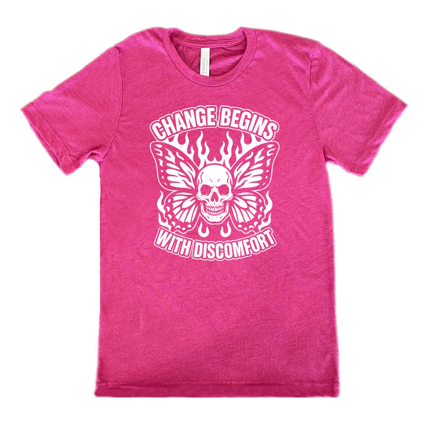 berry unisex tee with the words "change begins with discomfort" surrounding the graphic of a skull with flaming butterfly wings