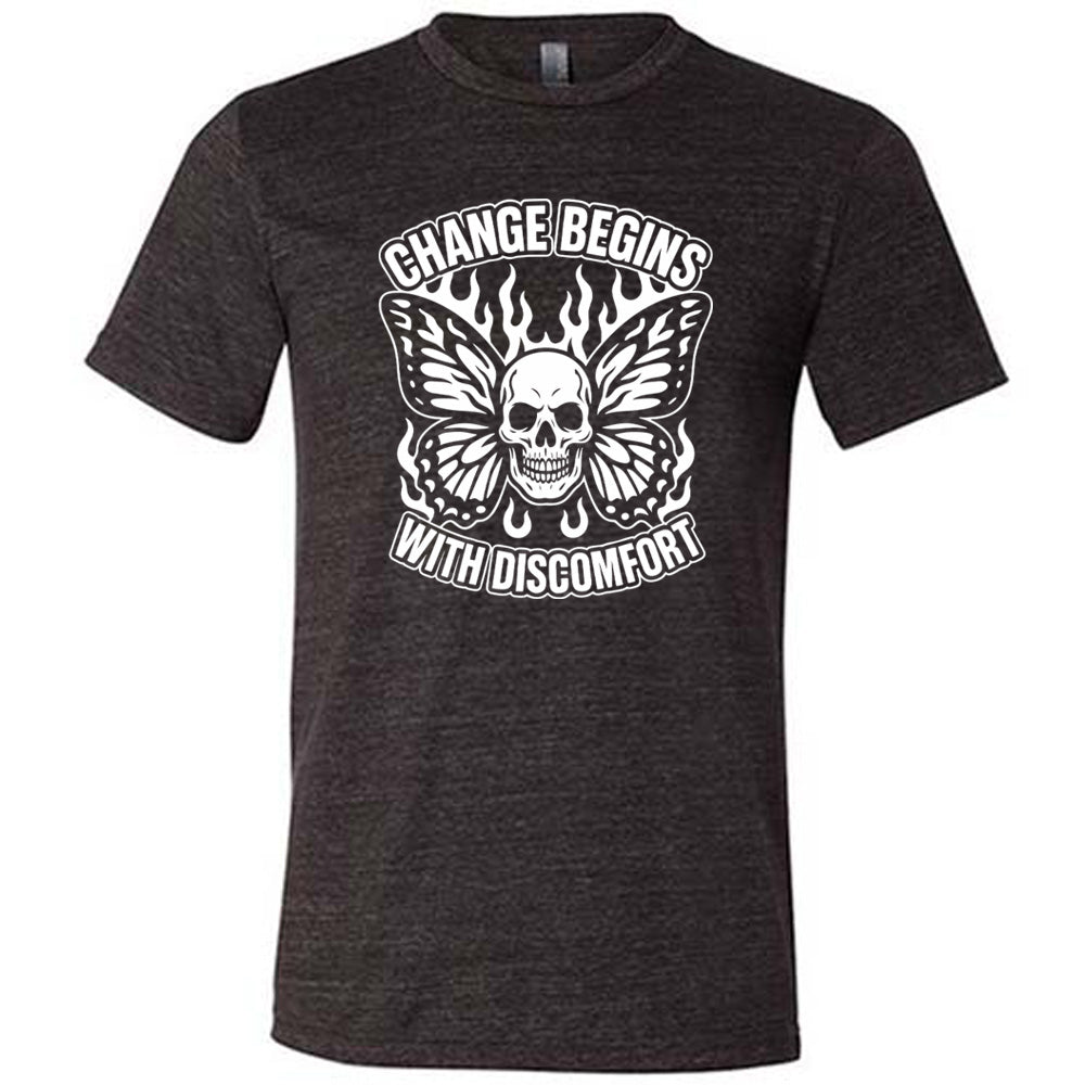 black unisex tee with the words "change begins with discomfort" surrounding the graphic of a skull with flaming butterfly wings