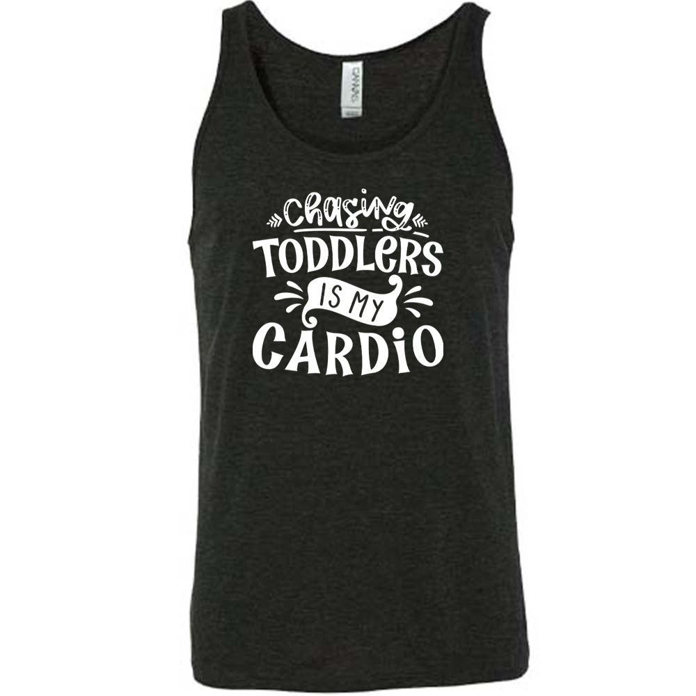 Black colored tank with a graphic on it that says "Chasing Toddlers is My Cardio"
