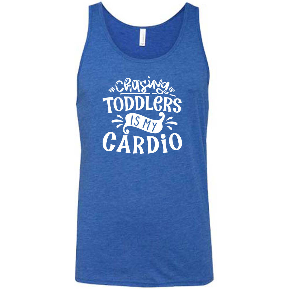 Blue colored tank with a graphic on it that says "Chasing Toddlers is My Cardio"