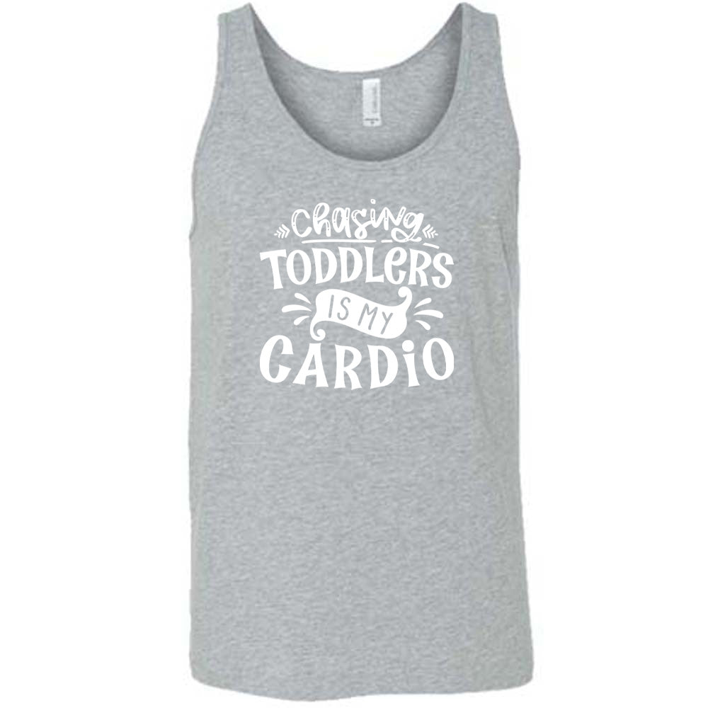 Grey colored tank with a graphic on it that says "Chasing Toddlers is My Cardio"