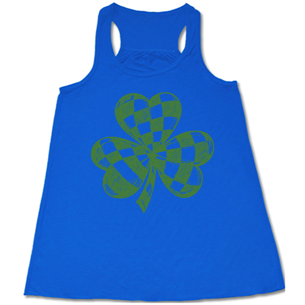 blue flowy tank with the large graphic of a shamrock that is checkered on the inside