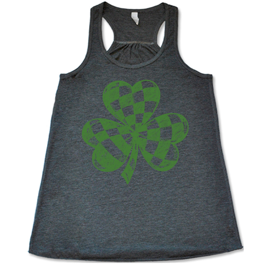 grey flowy tank with the large graphic of a shamrock that is checkered on the inside