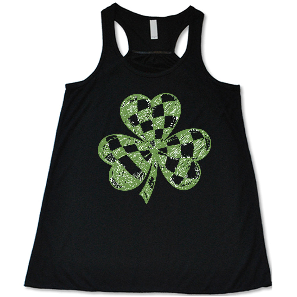 black flowy tank with the large graphic of a shamrock that is checkered on the inside
