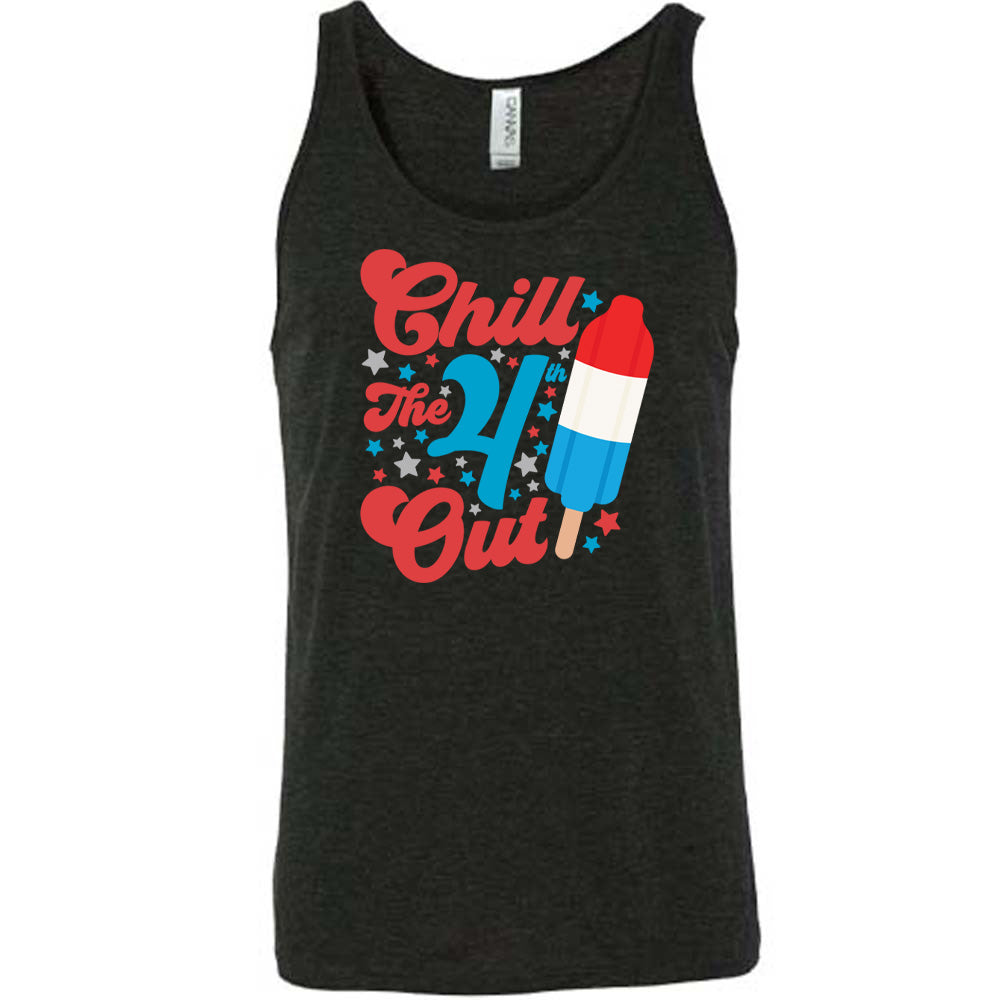Black colored tank with a red white and blue popsicle graphic on it that says "Chill The 4th Out"