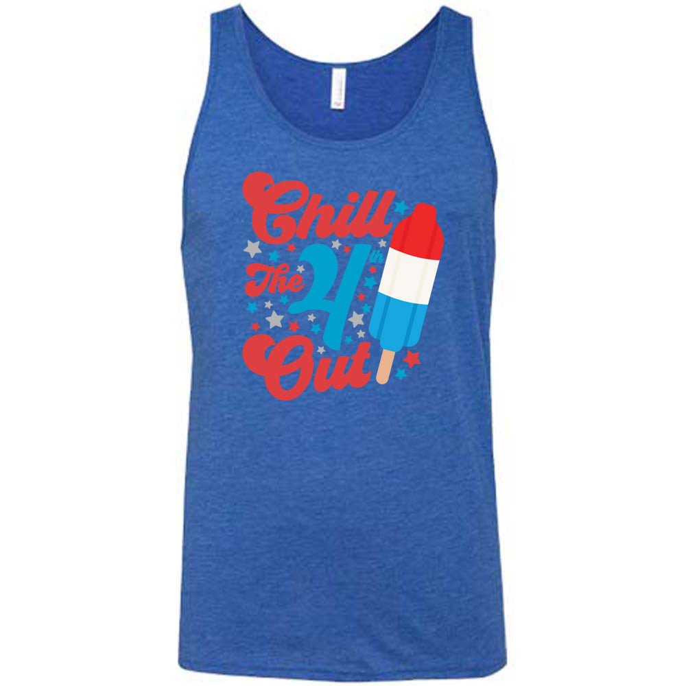 Blue colored tank with a red white and blue popsicle graphic on it that says "Chill The 4th Out"