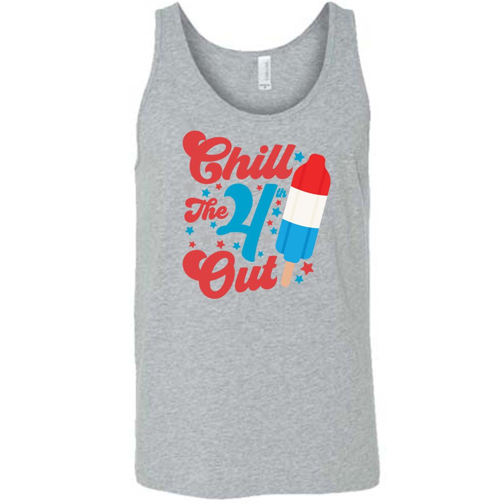 Grey colored tank with a red white and blue popsicle graphic on it that says "Chill The 4th Out"