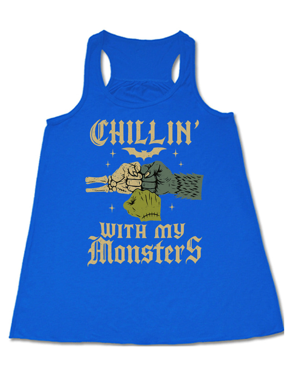 blue flowy racerback tank with the words "chillin' with my monsters" around the graphic of a skeleton's hand, a werewolf's hand, and a zombie's hand, doing a fist pump, with a bat above, and few stars around