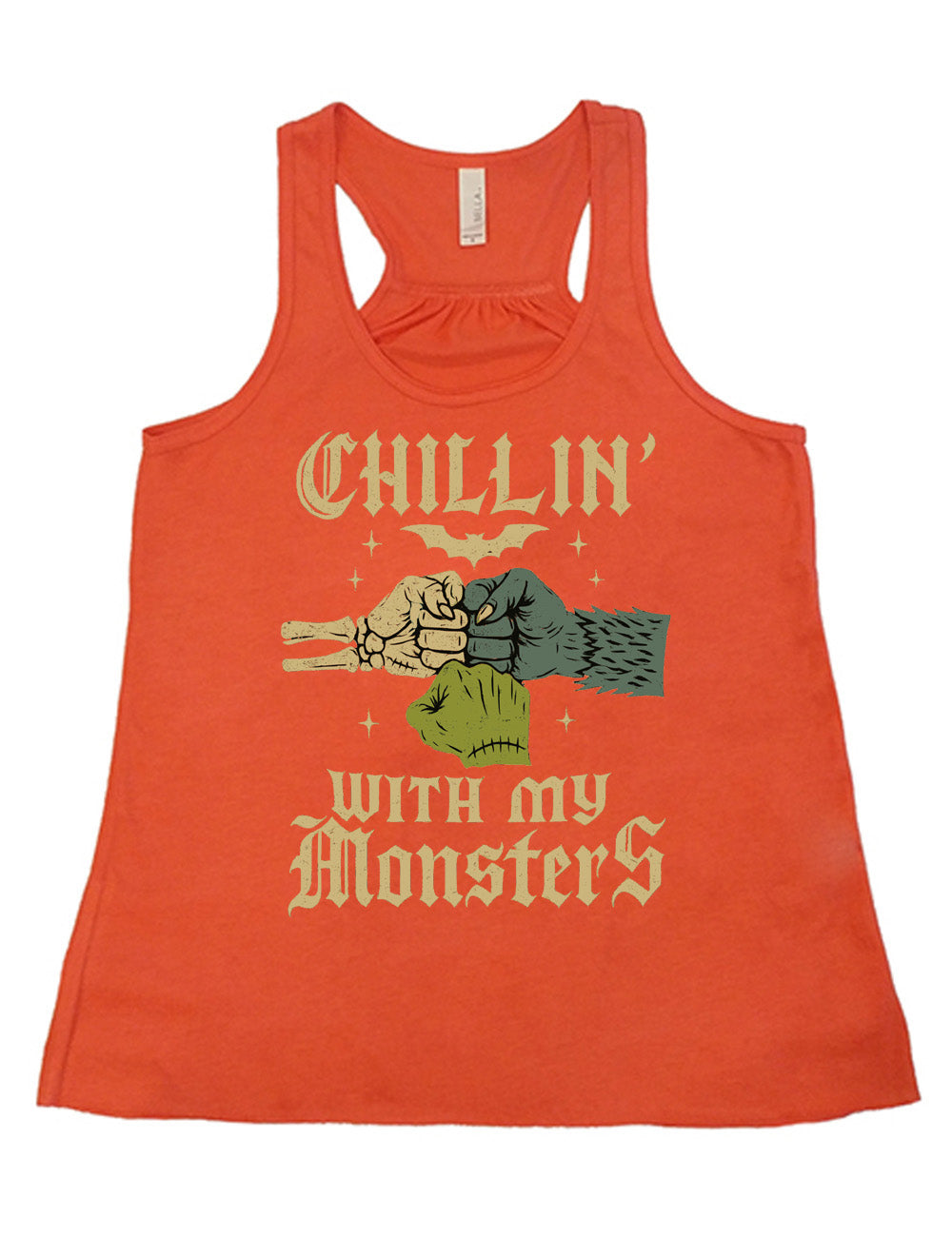 coral flowy racerback tank with the words "chillin' with my monsters" around the graphic of a skeleton's hand, a werewolf's hand, and a zombie's hand, doing a fist pump, with a bat above, and few stars around