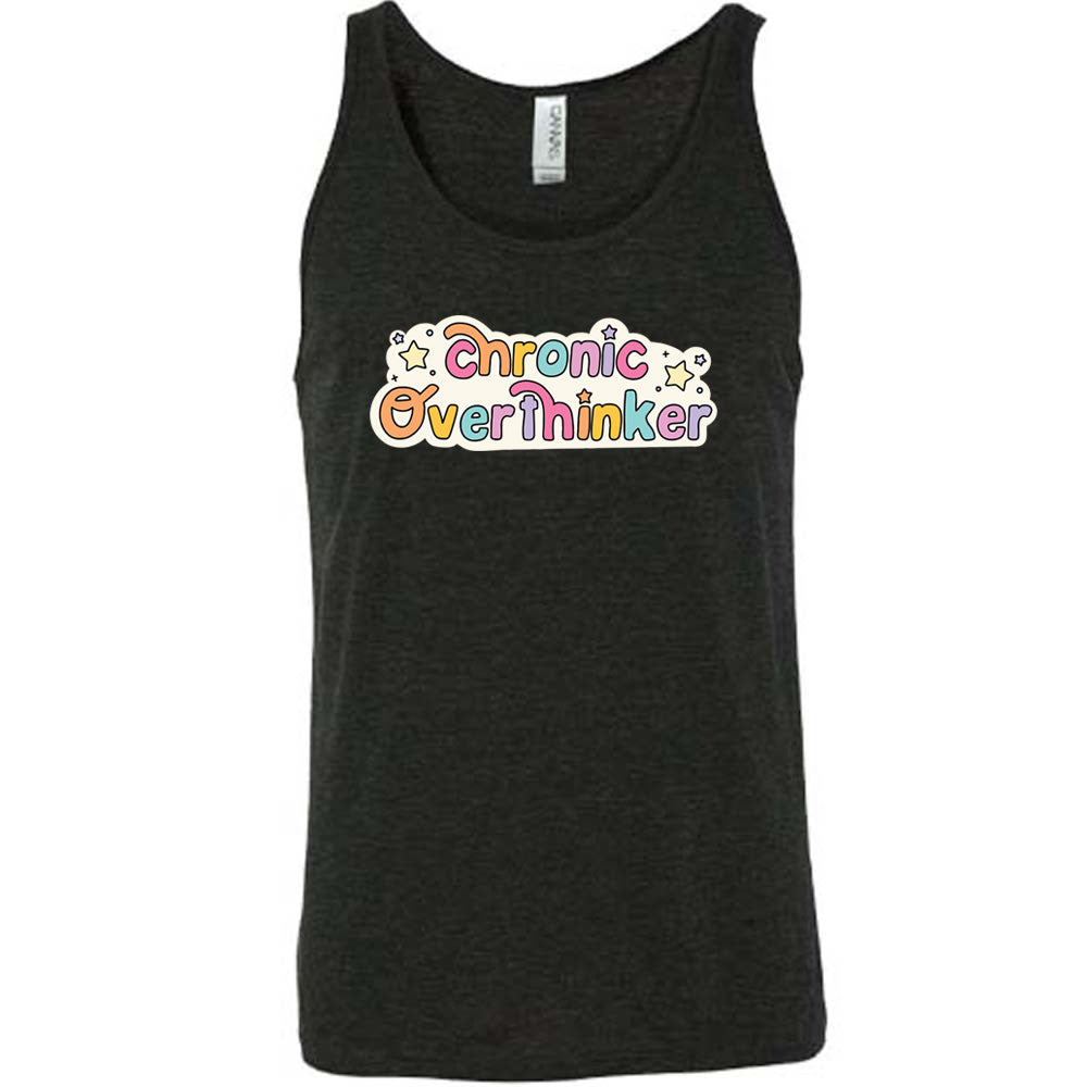 black shirt with the quote "Chronic Overthinker" on it