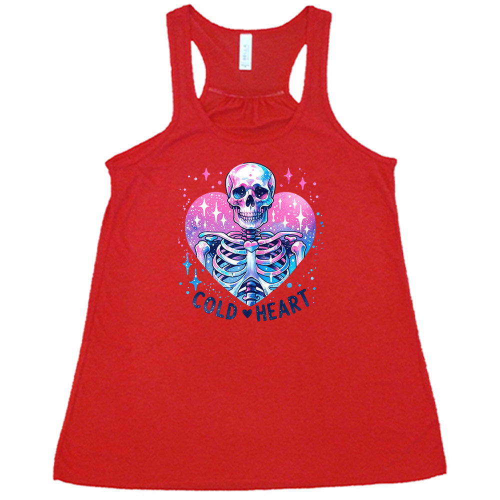 red shirt with the text "Cold Heart" on it