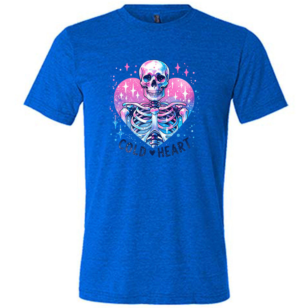 blue shirt with the text "Cold Heart" on it