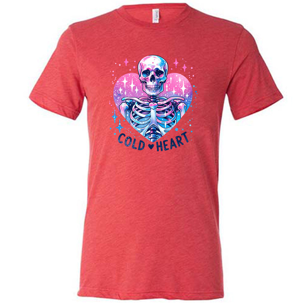 red shirt with the text "Cold Heart" on it