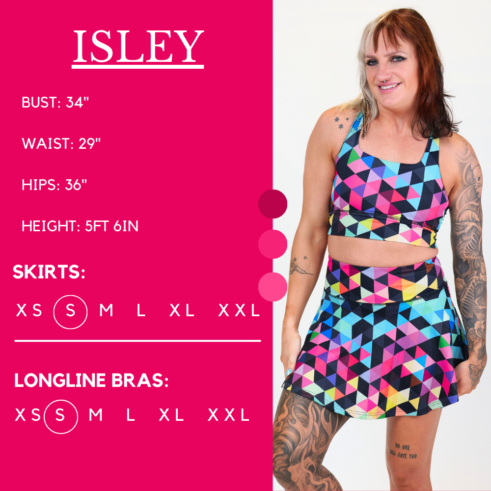 Model’s measurements of 34” bust, 29” waist, 36” hips and height of 5 ft 6 inches. She is wearing a size small in the skirt