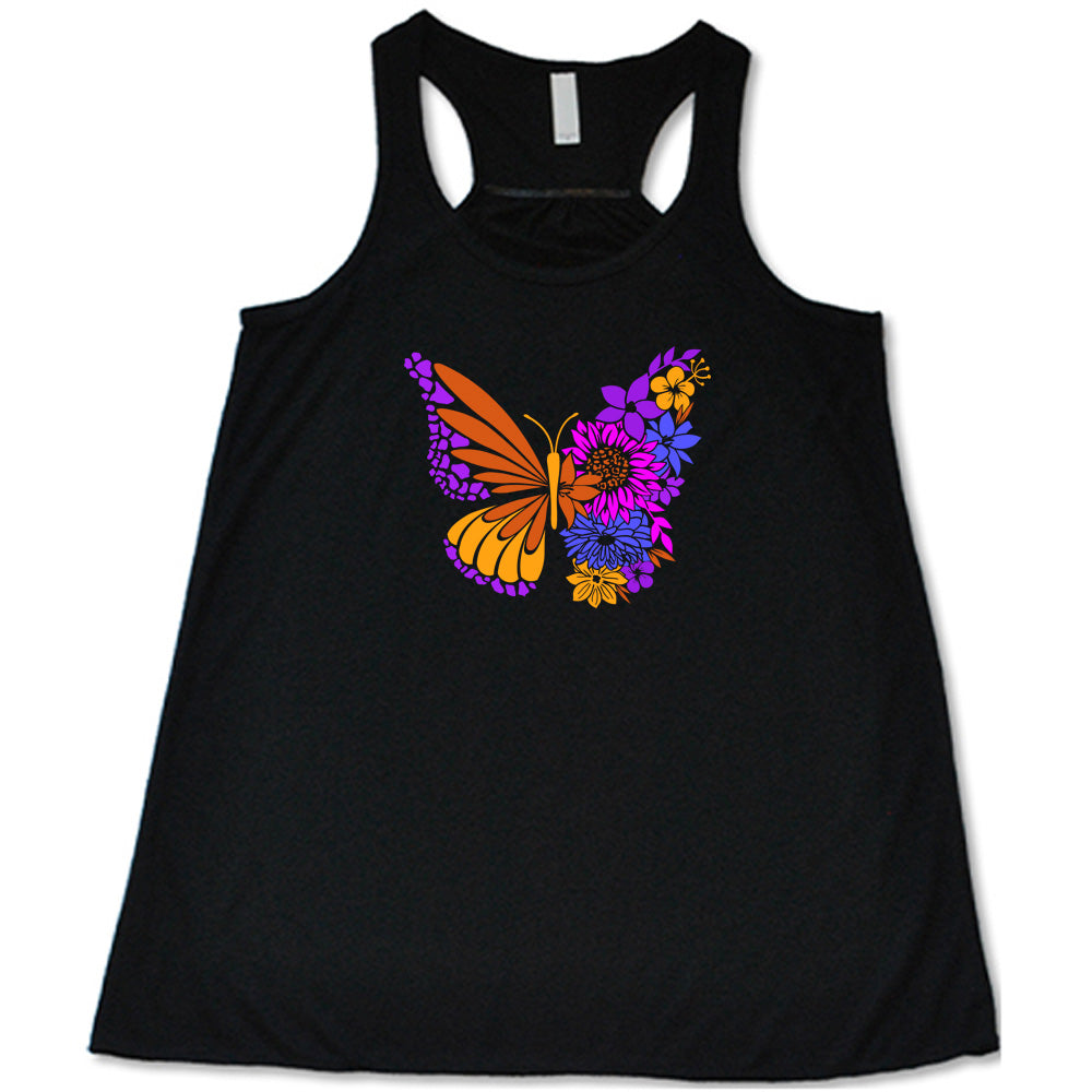 Black colored flowy tank with a floral butterfly graphic on it