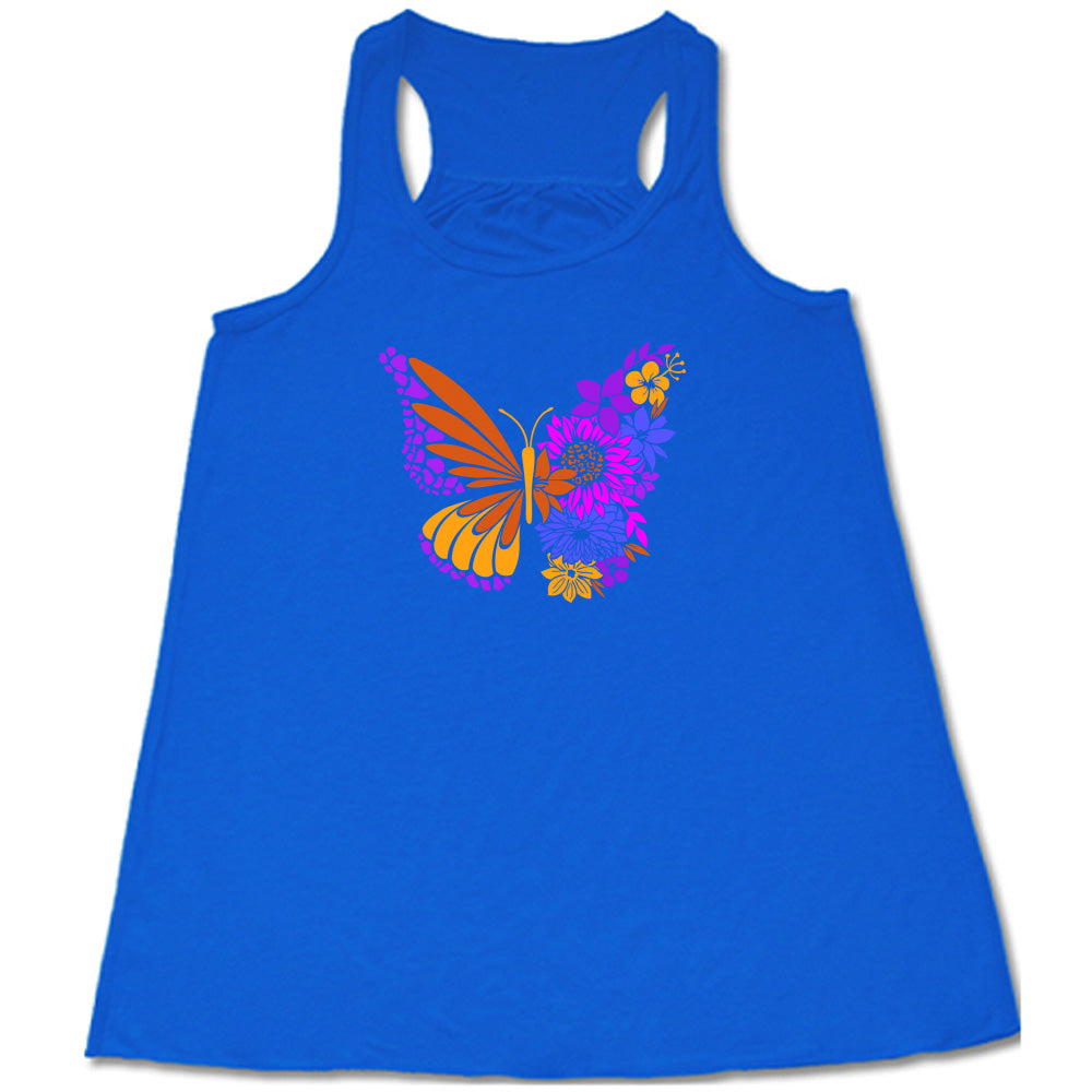 Blue colored flowy tank with a floral butterfly graphic on it