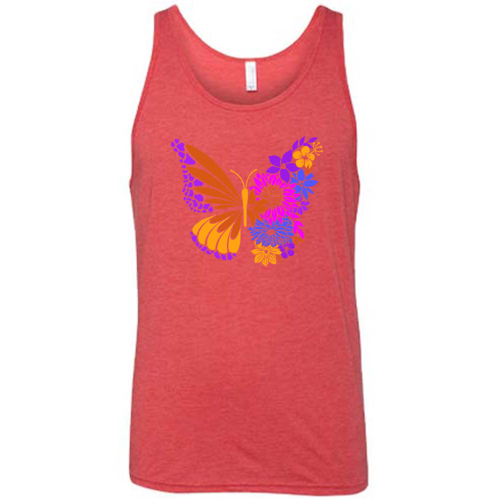 Red colored tank with a floral butterfly graphic on it