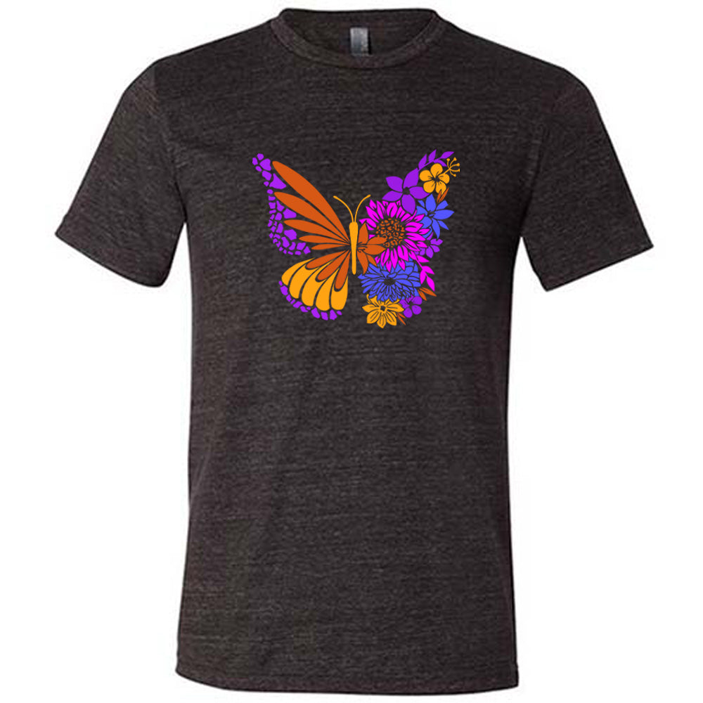 Black colored shirt with a floral butterfly graphic on it