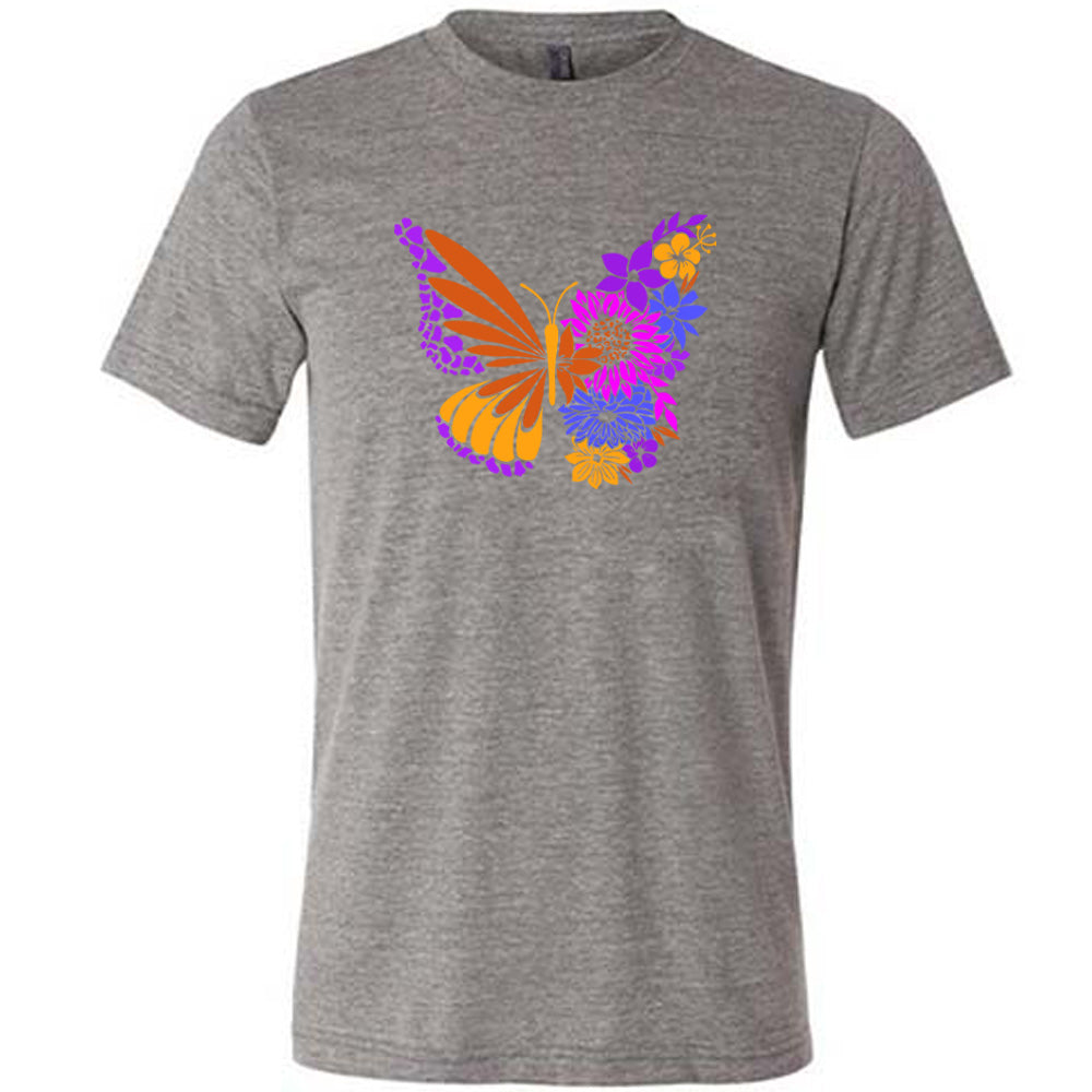 Grey colored shirt with a floral butterfly graphic on it