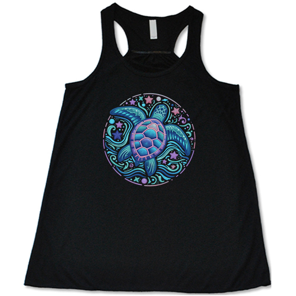 Black colored flowy tank with a colorful turtle graphic on it